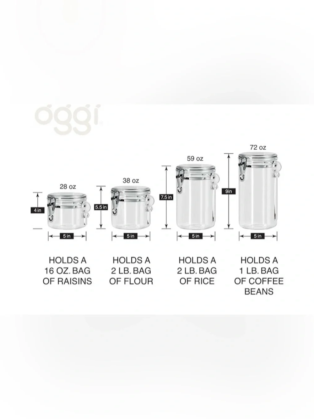 Oggi 4pc Clear Canister Set with Clamp Lids & Spoons